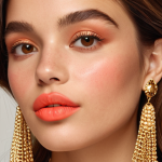 A woman with a warm skin tone wearing coral lipstick, gold accessories, and brown hair.