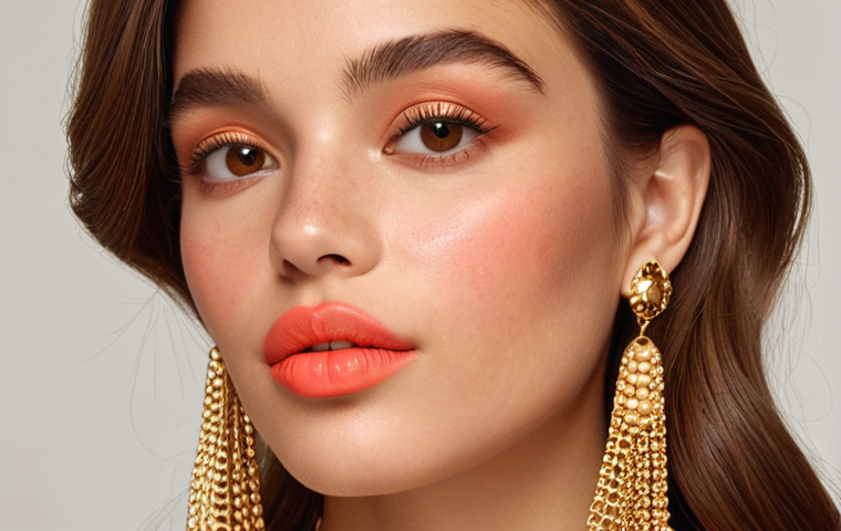 A woman with a warm skin tone wearing coral lipstick, gold accessories, and brown hair.