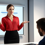 **

A confident woman giving a presentation. She is wearing a red blouse. The background is a modern office setting. The lighting emphasizes her face and projects a sense of energy.

**