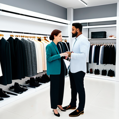 Home 24 "A professional fashion coordinator, fully clothed in stylish, modest attire, consulting with a client in a bright, modern studio, surrounded by clothing racks and style guides, safe for work, appropriate content, perfect anatomy, correct proportions, professional setting, high quality."