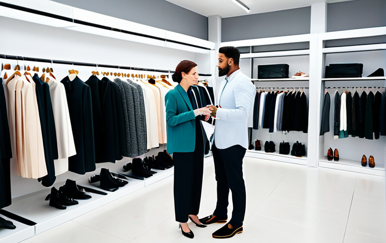 "A professional fashion coordinator, fully clothed in stylish, modest attire, consulting with a client in a bright, modern studio, surrounded by clothing racks and style guides, safe for work, appropriate content, perfect anatomy, correct proportions, professional setting, high quality."