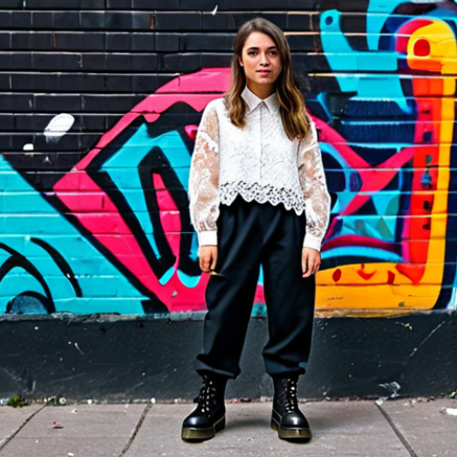 Home 23 Mix-and-Match Street Style**
A young woman in a vintage lace blouse, streetwear joggers, and Dr. Martens boots, standing in a vibrant urban setting with graffiti art, fully clothed, appropriate attire, safe for work, perfect anatomy, correct proportions, well-formed hands, proper finger count, natural body proportions, professional photography, high quality, modest, family-friendly.
**