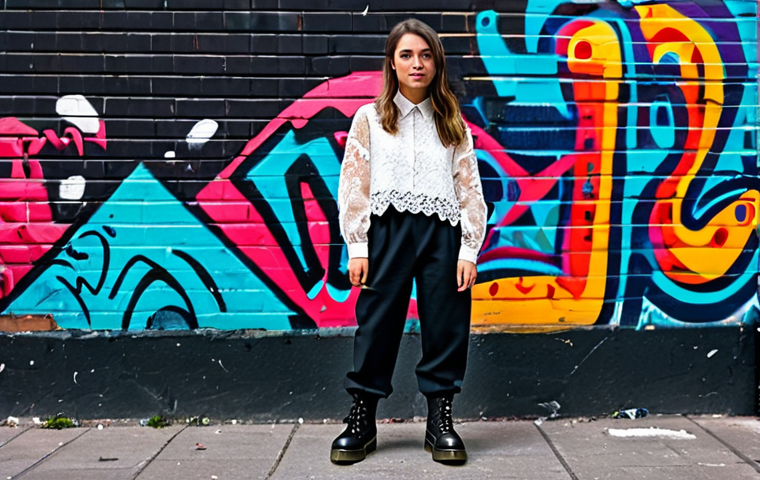 Mix-and-Match Street Style**
A young woman in a vintage lace blouse, streetwear joggers, and Dr. Martens boots, standing in a vibrant urban setting with graffiti art, fully clothed, appropriate attire, safe for work, perfect anatomy, correct proportions, well-formed hands, proper finger count, natural body proportions, professional photography, high quality, modest, family-friendly.
**